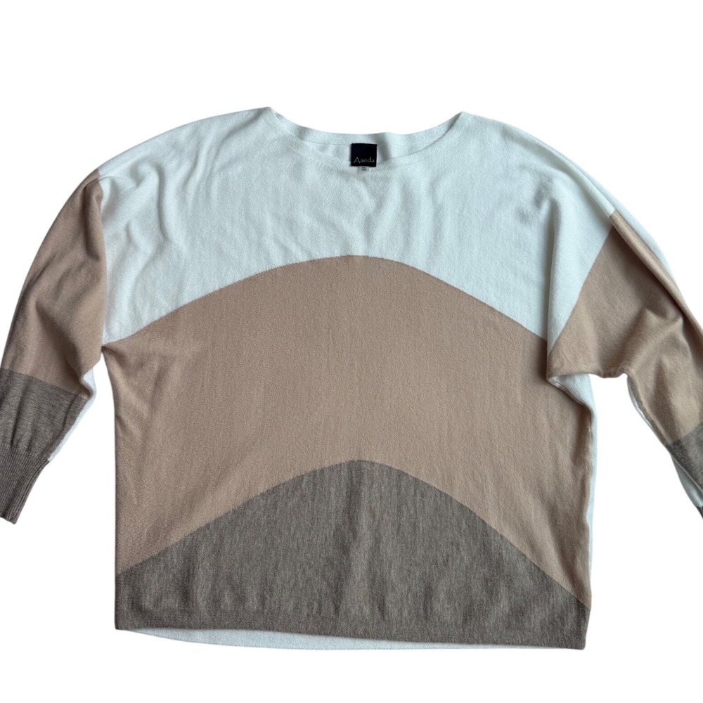 Aaeda Women XL Colorblock Knit Sweater White Tan Taupe Oversized Pullover